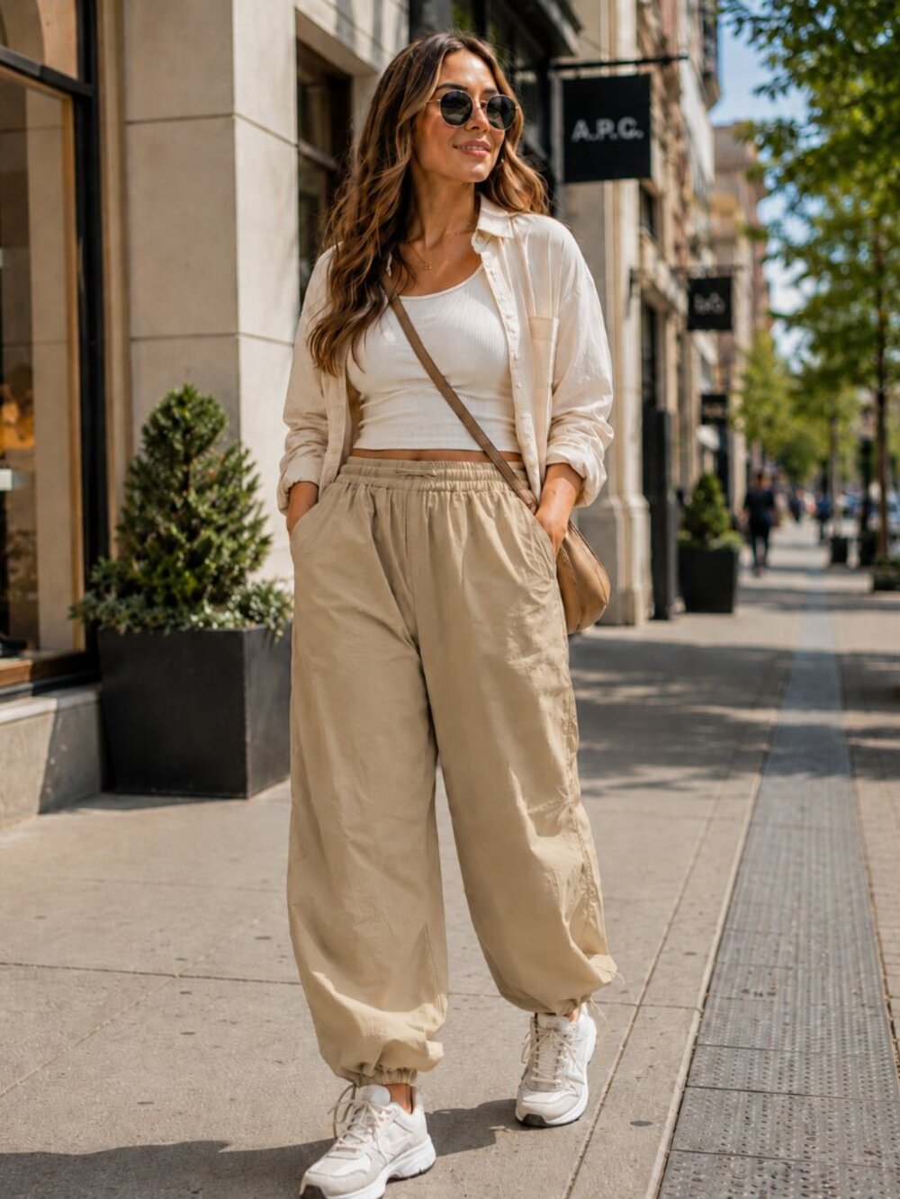 NWT HUGO Beige Parachute Cargo Streetwear Pants Adjustable Waist Hem
